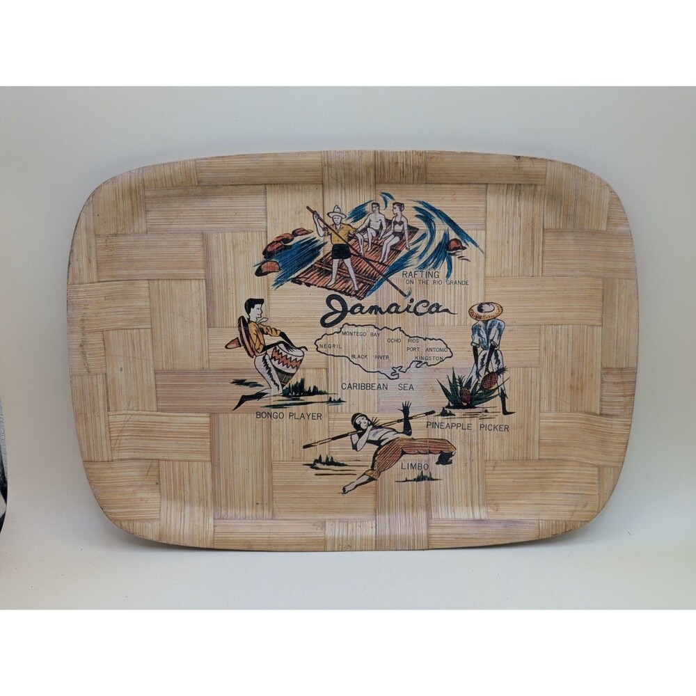Vintage Mid Century Jamaica Woven Bamboo Serving Tray Tiki Map Souvenir Platter
